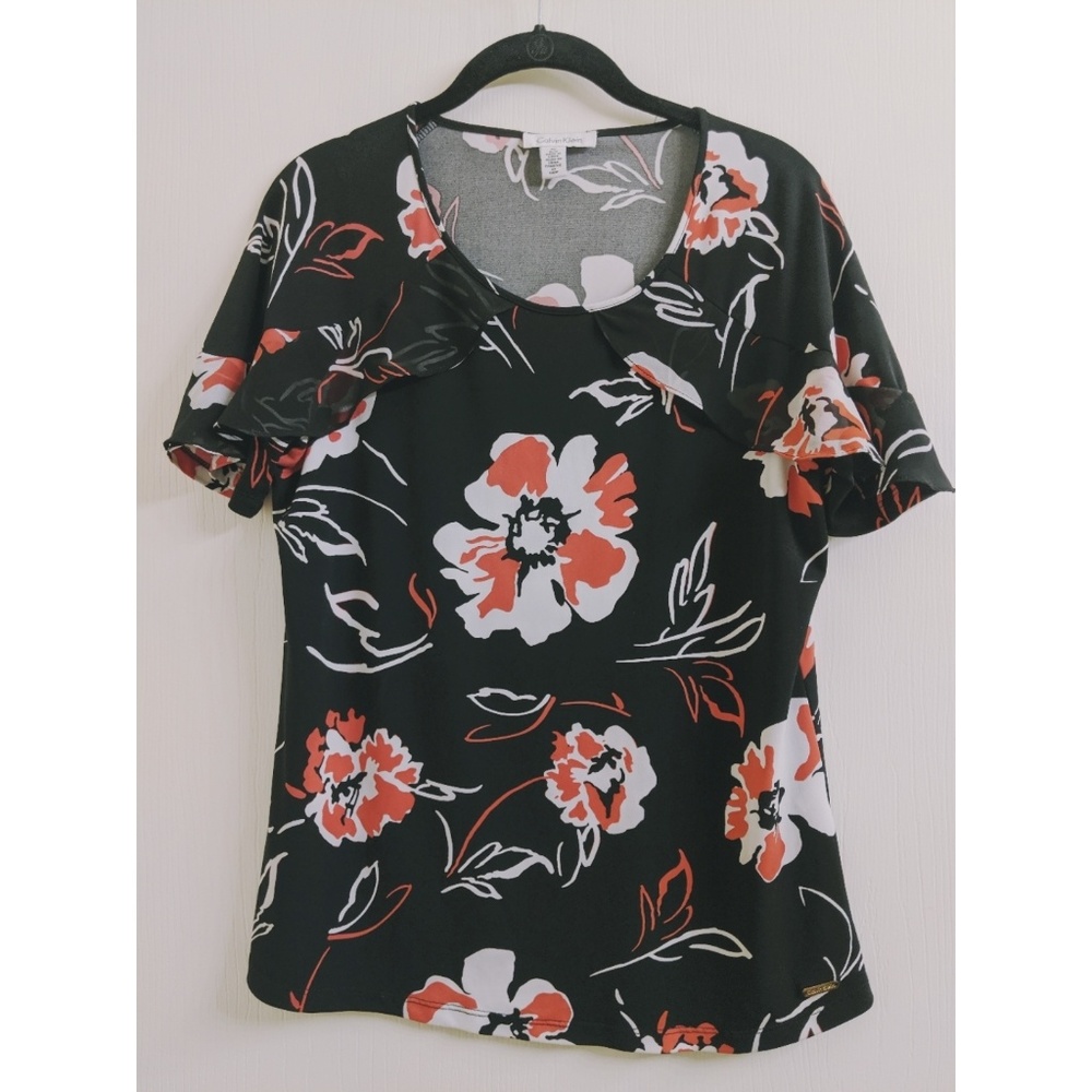Calvin Klein Flower Print Top with Chiffon Ruffle
